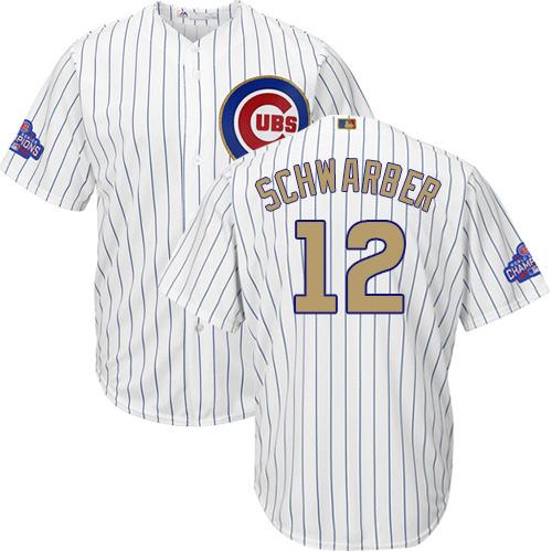 Cubs #12 Kyle Schwarber White(Blue Strip) Gold Program Cool Base Stitched MLB Jersey